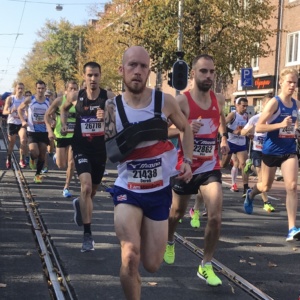 Derek running with the other competitors at the start of the Amsterdam race