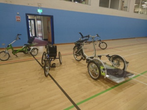 A hand cycle, recumbent bike, trike and wheelchair-accessible bike