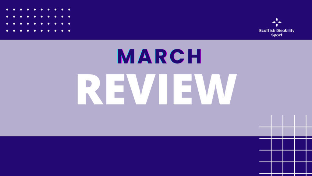 Dark and light purple coloured poster that says , March Review. The SDS logo is in the top right hand-side corner
